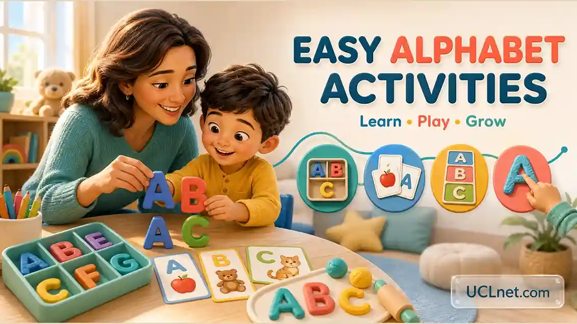 Easy Alphabet Activities for Kids Under 7 – Parent-Child Learning Guide | UCLnet.com 3D illustration of a parent and young child enjoying easy alphabet activities with letter blocks, matching cards, and sensory tracing at home, branded UCLnet.com.