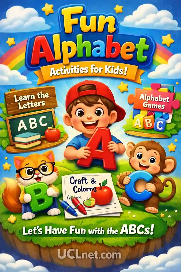 Easy Alphabet Activities Graphic – UCLnet.com Colorful 3D kids infographic showing easy alphabet activities with bright letters and playful characters – UCLnet.com