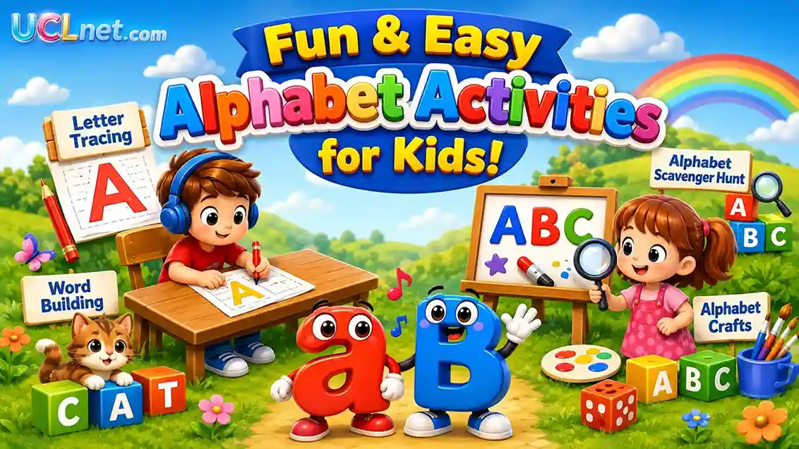 Easy Alphabet Activities for Kids - UCLnet.com Colorful kids alphabet activities infographic for early English learning and preschool fun - UCLnet.com