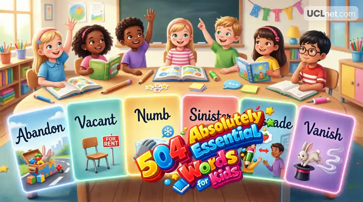 504-Essential-Words-for-Kids-Infographic-UCLnet 7 diverse happy kids learning 504 essential vocabulary words (Abandon, Vacant, Numb, Sinister, Persuade, Vanish) in colorful 3D classroom infographic | UCLnet.com