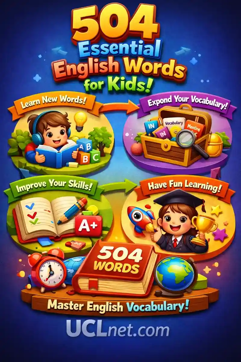 504 Absolutely Essential Words for Kids – UCLnet.com 3D colorful educational infographic for kids showing “504 Absolutely Essential Words for Kids” with UCLnet.com branding – UCLnet.com