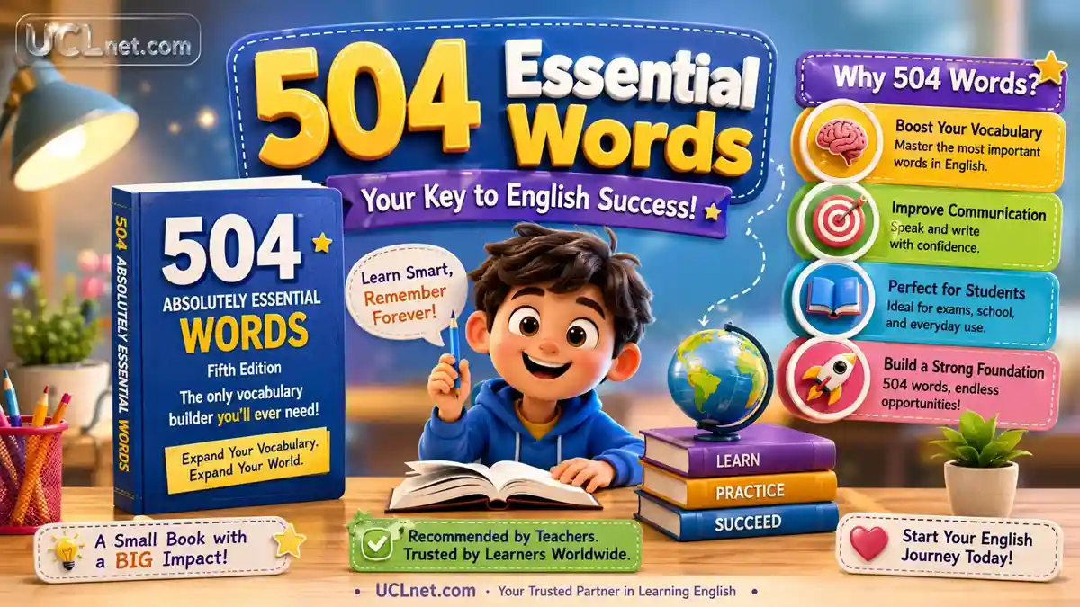 504 Absolutely Essential Words for Kids – UCLnet.com 3D educational infographic for kids showing “504 Absolutely Essential Words for Kids” – UCLnet.com