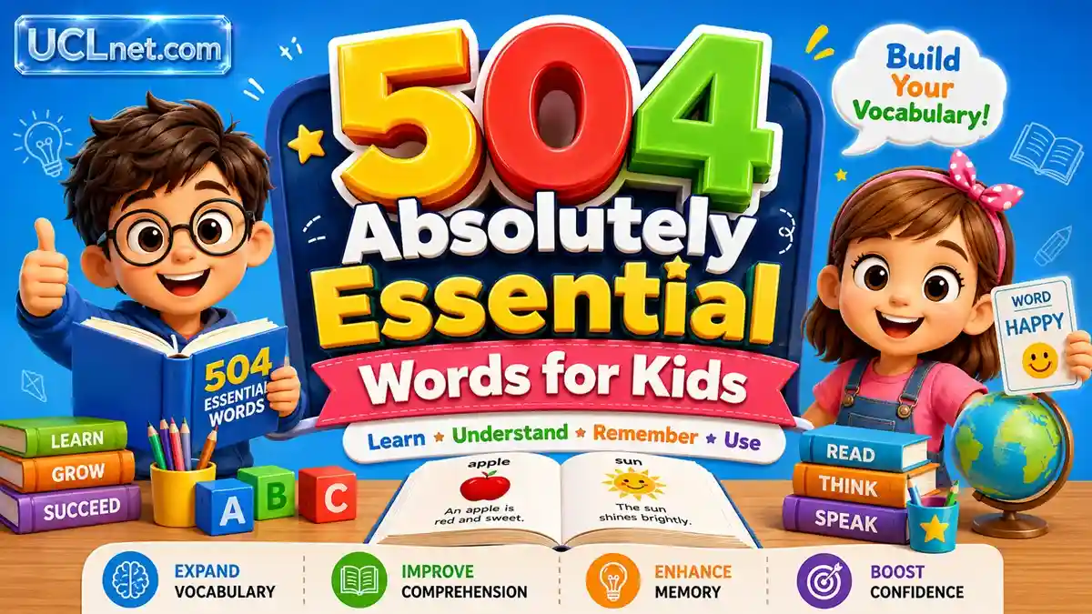 504-Essential-Words-for-Kids-Vocabulary-Infographic-UCLnet Kids learning 504 essential English vocabulary words; 3D infographic cards in a vibrant classroom at UCLnet.com