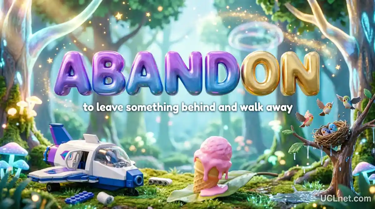 504-essential-words-abandon-toby-squirrel-educational-infographic-uclnet Educational infographic poster featuring Toby the Squirrel from Whisper Woods teaching children the vocabulary word "abandon" from 504 Essential Words book, with colorful 3D graphics showing examples of leaving toys and ice cream behind, child-friendly English learning resource from UCLnet.com