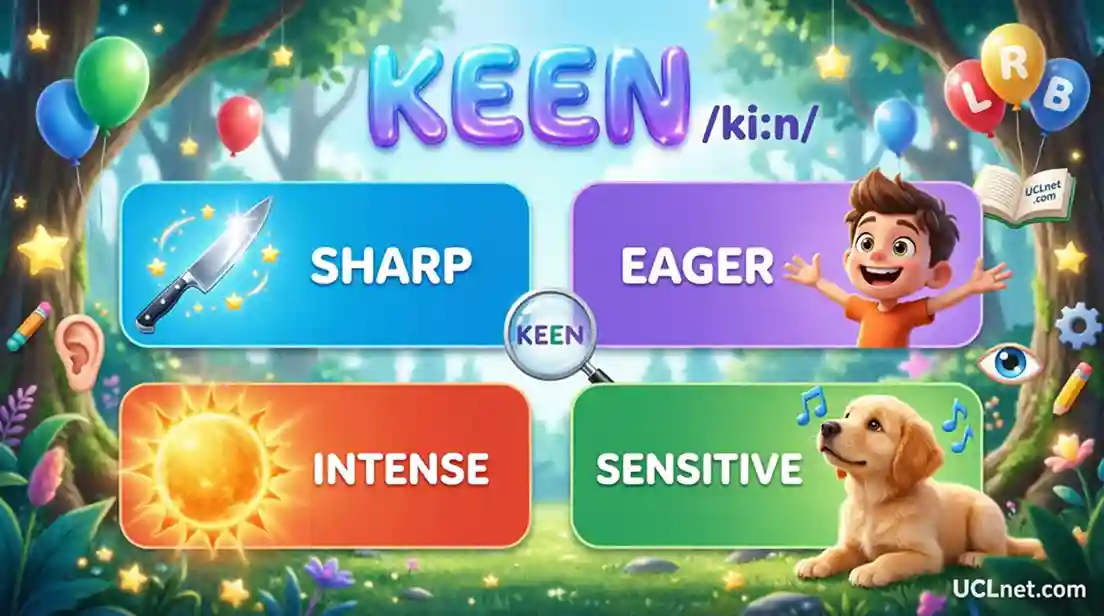 Educational infographic poster teaching the English word KEEN from 504 Essential Words with four meanings: sharp knife, eager child with complete head visible, intense sun, and sensitive dog - colorful 3D child-friendly English vocabulary learning resource from UCLnet.com