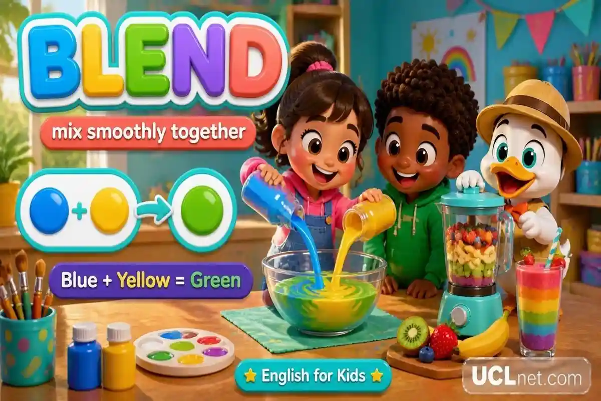 Blend concept learning illustration - UCLnet.com Colorful blend concept illustration with children mixing colors and playful art tools - UCLnet.com