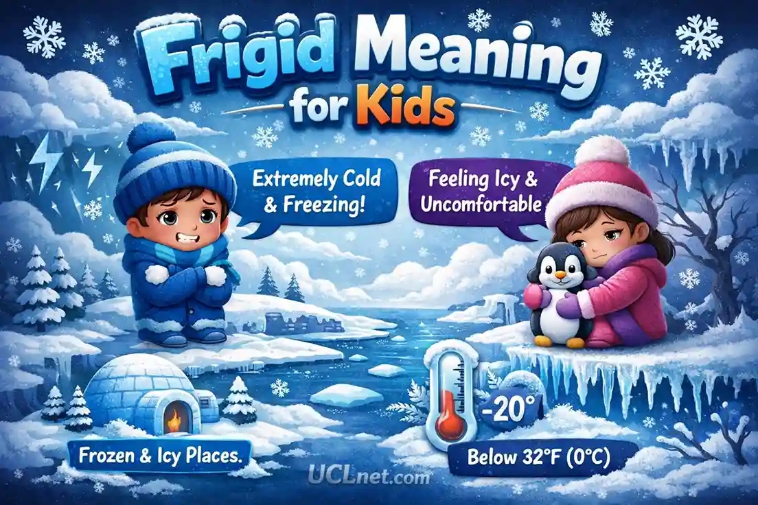 Frigid Meaning for Kids – UCLnet.com Icy 3D infographic explaining “frigid” meaning for kids with cold visuals – UCLnet.com