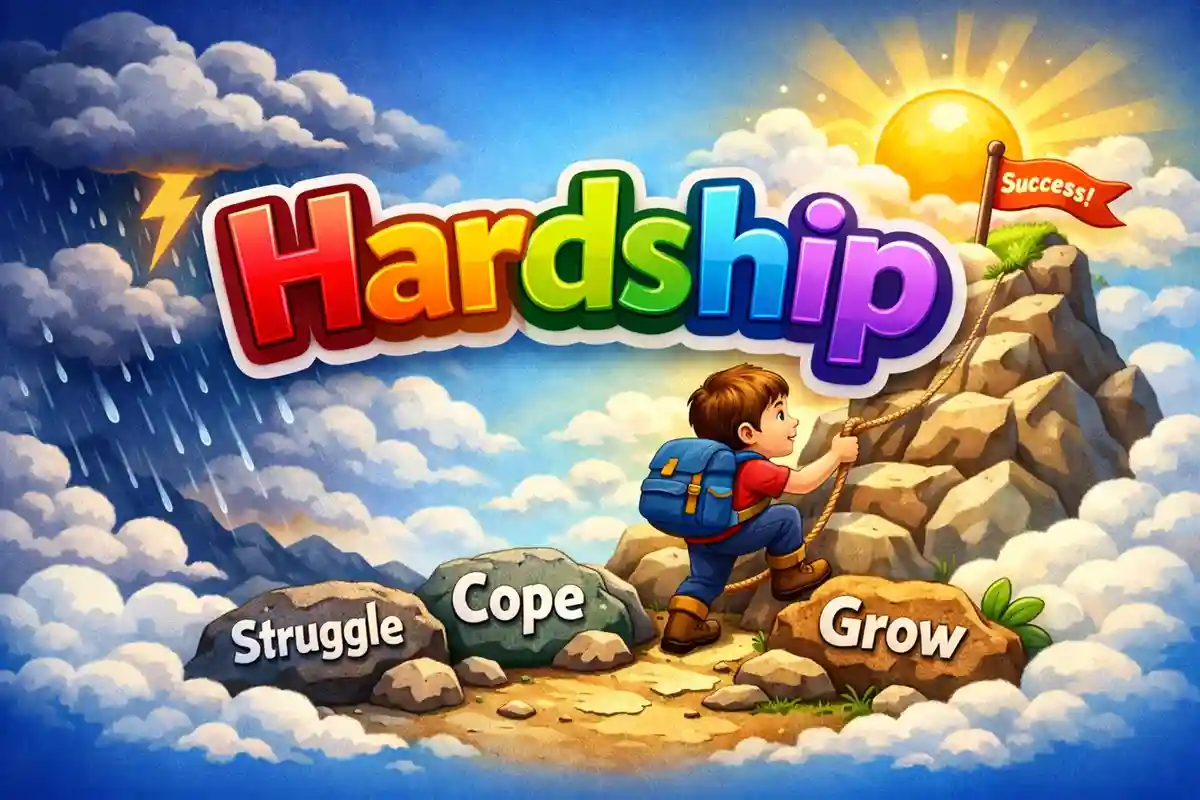 Hardship – UCLnet.com Educational Graphic Colorful 3D kid‑friendly text design of the word “Hardship” with bright sky background and playful elements.