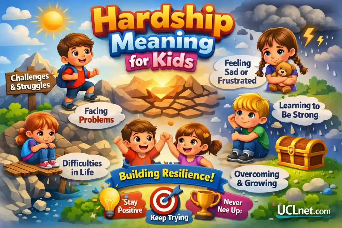 Hardship Meaning for Kids – UCLnet.com Educational Infographic A colorful 3D kid‑friendly infographic explaining the meaning of hardship for children, featuring playful cartoon characters, educational icons, and the transparent UCLnet.com logo integrated securely.