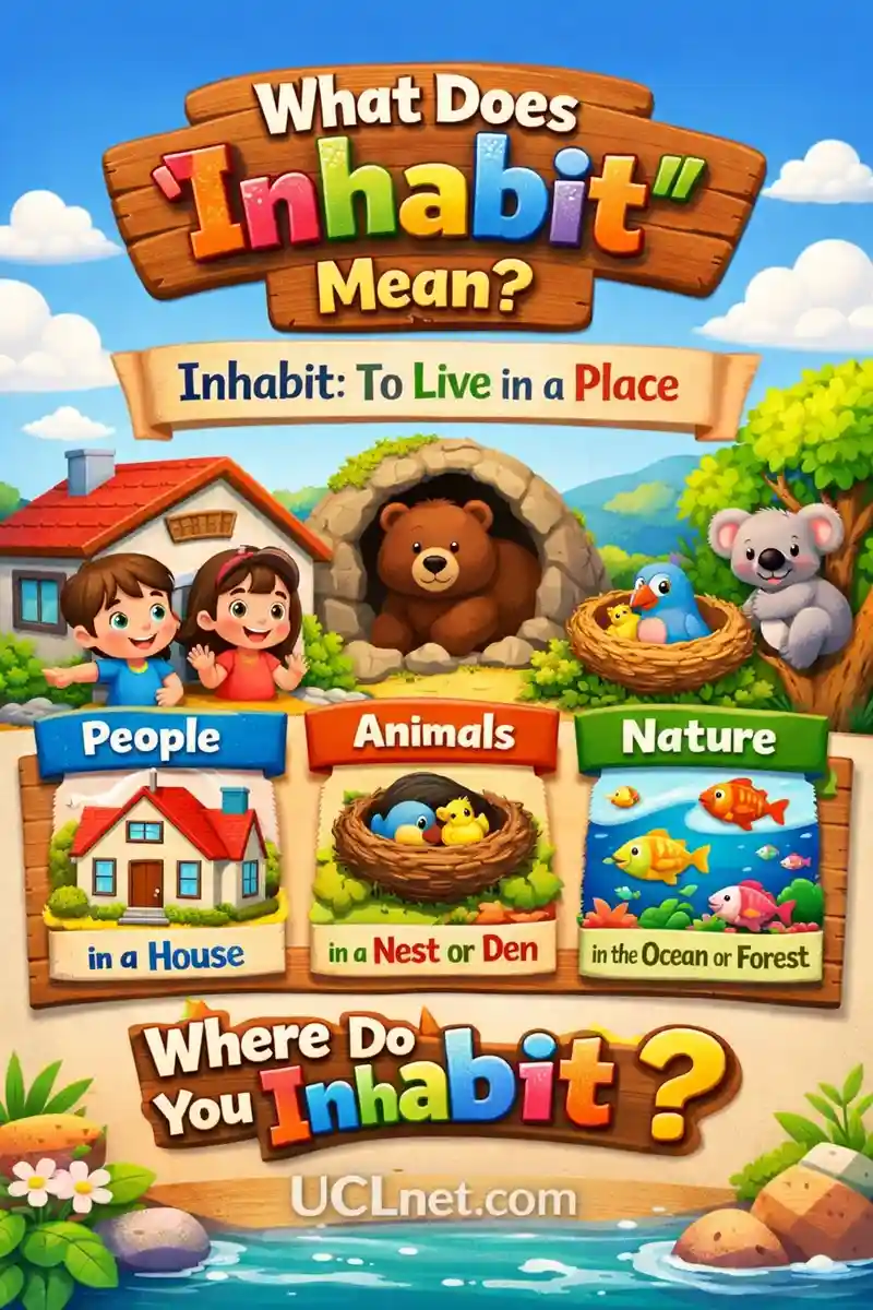 Inhabit meaning infographic for kids - UCLnet.com Colorful child-friendly infographic explaining the meaning of inhabit with simple visuals - UCLnet.com