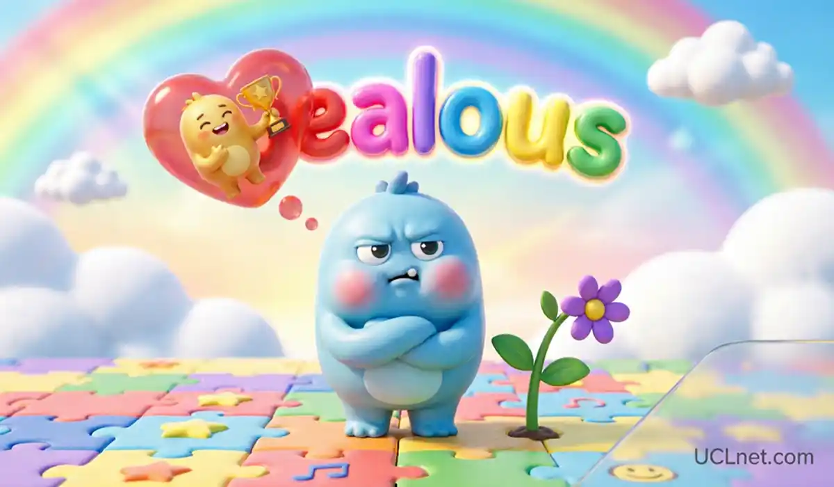 Jealous Cartoon Illustration – UCLnet.com A colorful 3D cartoon scene showing a blue character feeling jealous while another character celebrates with a trophy, with a rainbow and clouds in the background.