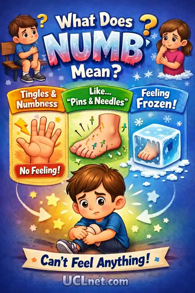 Numb meaning infographic for kids - UCLnet.com Child‑friendly infographic explaining the meaning of numb with simple visuals and definitions - UCLnet.com