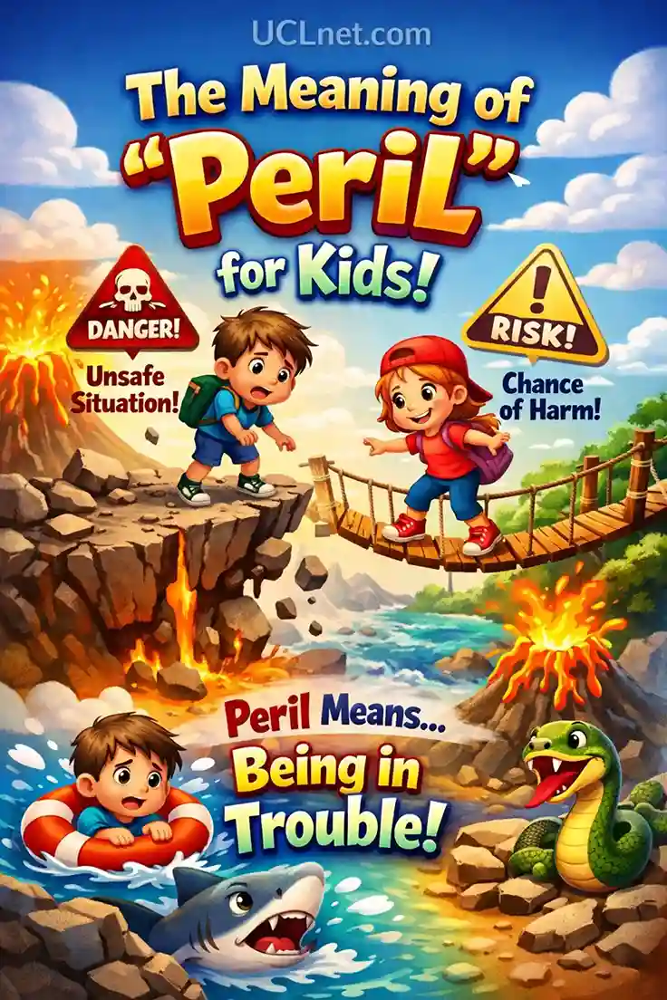 Peril meaning infographic for kids - UCLnet.com Colorful kid‑friendly infographic explaining the meaning of peril with visuals - UCLnet.com