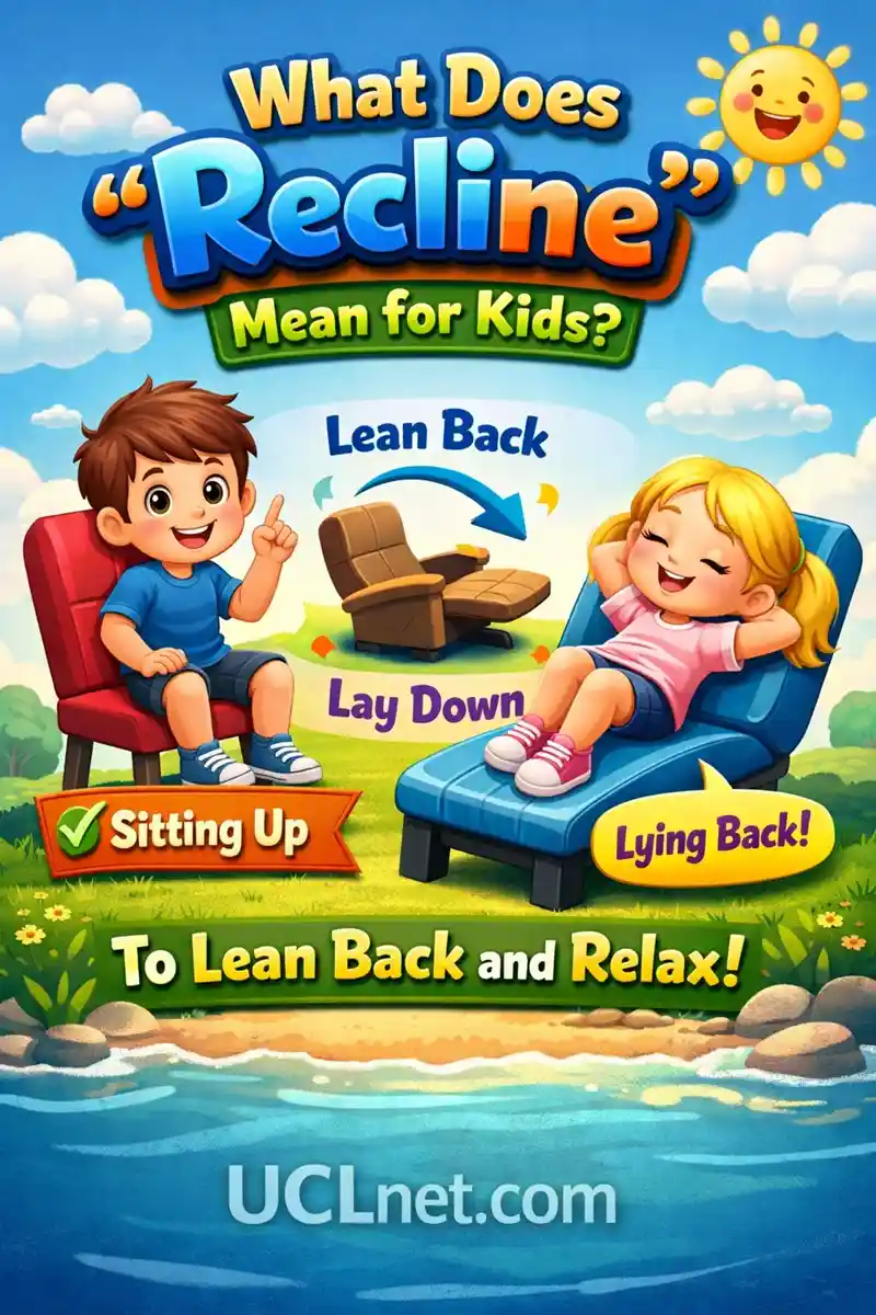 Recline meaning infographic for kids - UCLnet.com Colorful kid-friendly infographic explaining the meaning of recline with playful characters - UCLnet.com