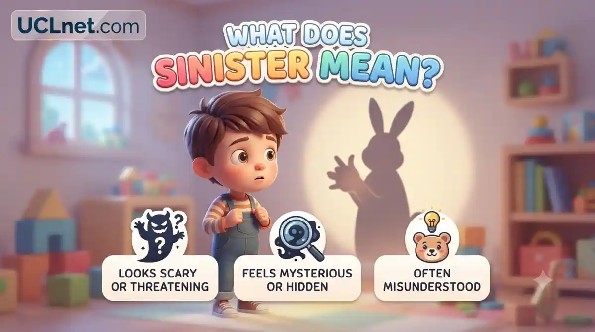 Meaning of Sinister for Kids - Educational Infographic by UCLnet.com A child-friendly 3D educational infographic explaining the meaning of 'Sinister' for kids, featuring a cautious child and helpful icons about fear and mystery, branded by UCLnet.com.