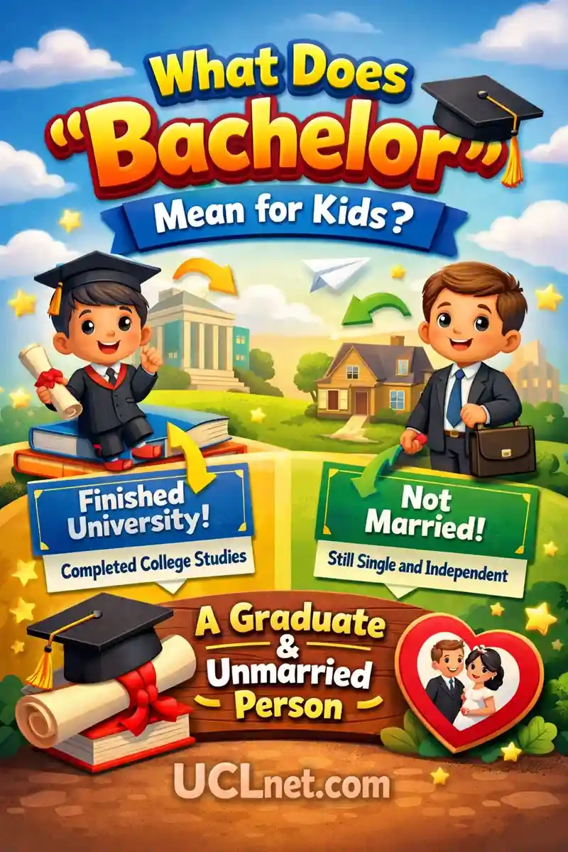 Bachelor Meaning for Kids – UCLnet.com Educational Infographic Colorful kid‑friendly infographic explaining the meaning of “Bachelor” for kids, featuring playful 3D text, cartoon characters, educational icons, and a transparent UCLnet.com logo.