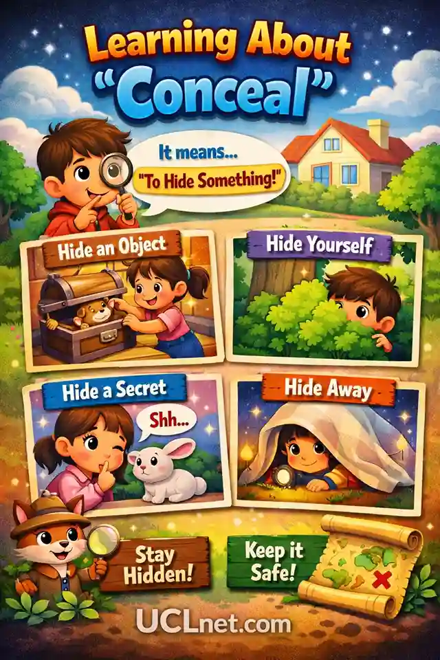Conceal meaning infographic for kids – UCLnet.com Colorful kid‑friendly infographic explaining the meaning of conceal with playful visuals – UCLnet.com