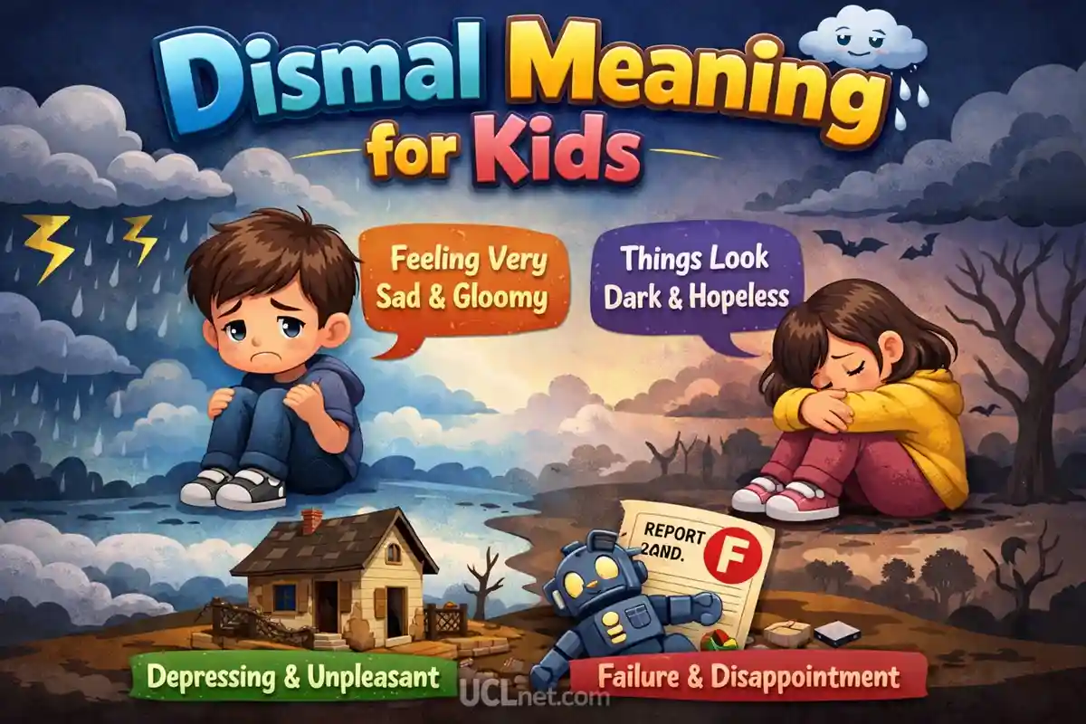 Dismal Meaning for Kids – UCLnet.com Colorful 3D educational infographic explaining “dismal” meaning for kids – UCLnet.com