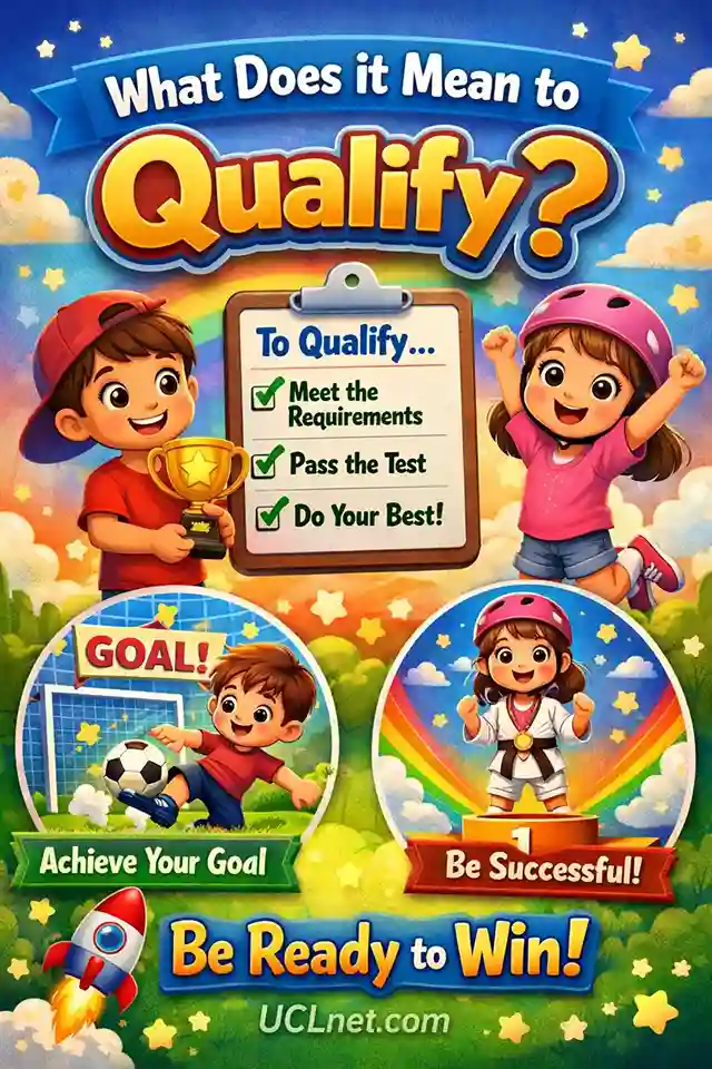Qualify Meaning for Kids – UCLnet.com Educational Infographic Educational infographic for kids explaining the meaning of “Qualify” with colorful 3D text, child‑friendly illustrations - UCLnet.com