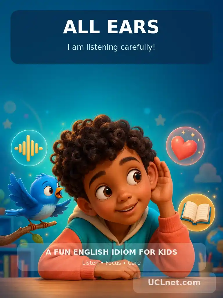 All Ears Meaning for Kids: A Fun Guide to Listening | UCLnet.com 3D child-friendly infographic explaining “all ears” meaning for kids, showing a child listening carefully with UCLnet.com branding.