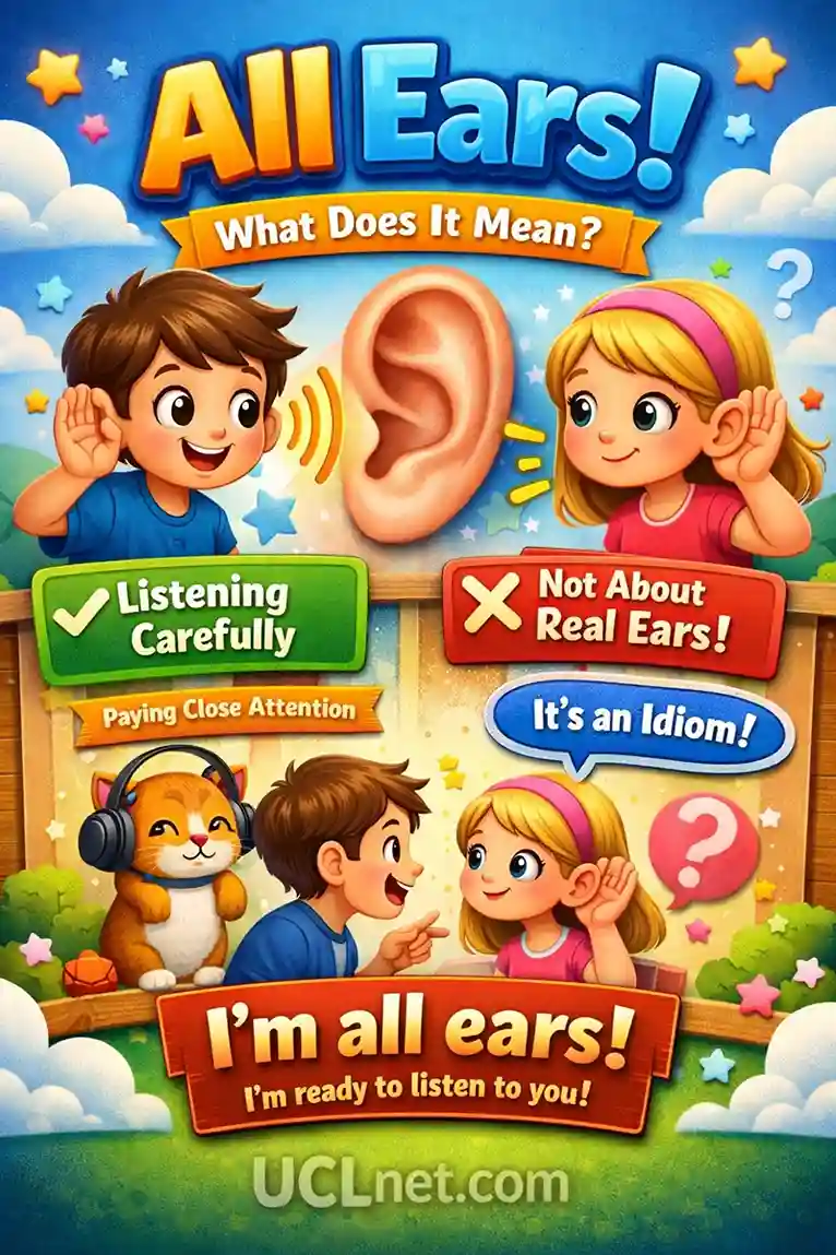All Ears Meaning for Kids – UCLnet.com Colorful 3D kids-friendly infographic explaining the idiom “All Ears” with listening visuals – UCLnet.com