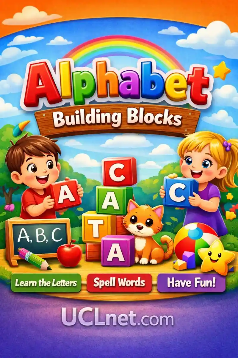 Colorful 3D alphabet building blocks infographic for kids learning activity – UCLnet.com