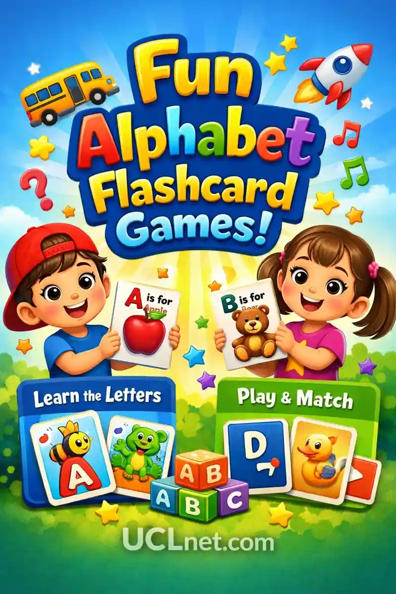 Alphabet flashcard games mobile graphic – UCLnet.com Colorful 3D alphabet flashcard games infographic for kids learning activity – UCLnet.com