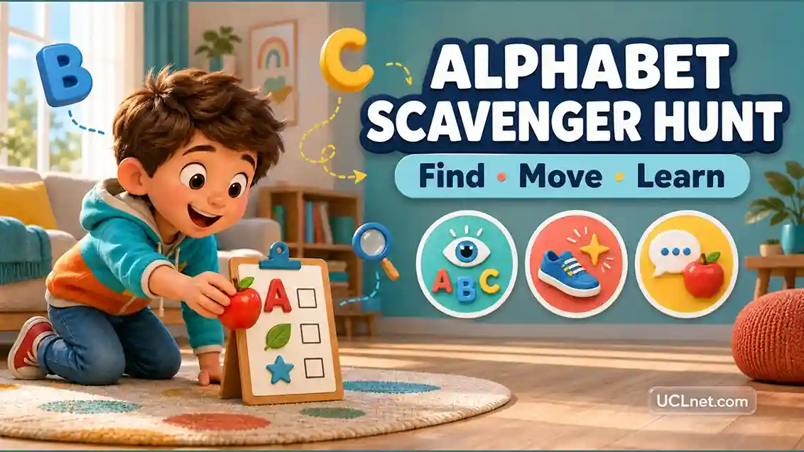 D educational illustration of a child playing an alphabet scavenger hunt at home with an apple, letter blocks, and learning icons, branded UCLnet.com