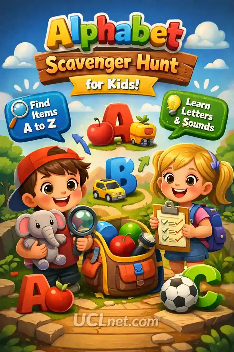 Colorful 3D alphabet scavenger hunt infographic for kids learning letters – UCLnet.com