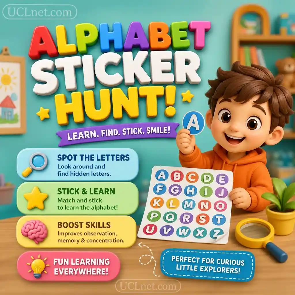 Alphabet Sticker Hunt – UCLnet.com Educational Kids Infographic Colorful 3D kids infographic for “Alphabet Sticker Hunt” featuring playful characters, bright educational elements - UCLnet.com