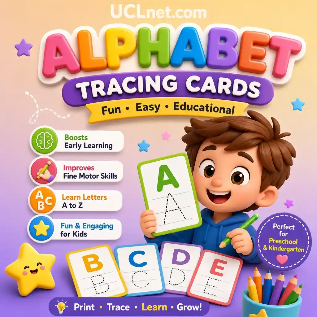 Colorful 3D alphabet tracing mobile infographic for kids with clear letters and UCLnet.com branding – UCLnet.com