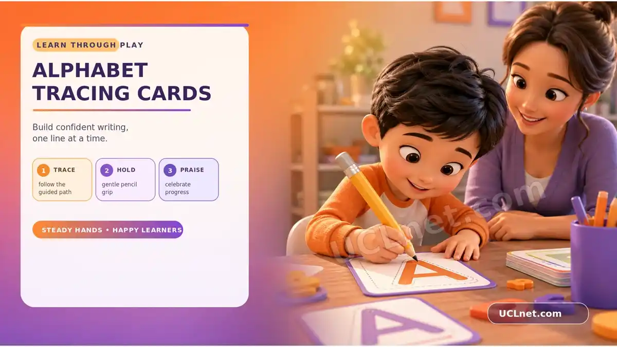 Alphabet tracing mobile infographic – UCLnet.com Child practicing letter formation with Alphabet Tracing Cards while a parent offers encouragement, featuring steps for tracing, pencil grip, and praise — UCLnet.com.