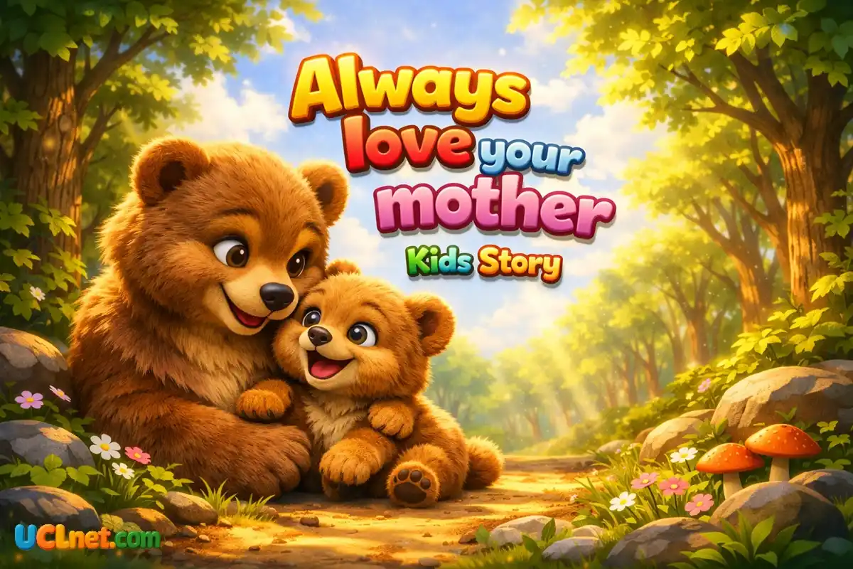 The cave feels extra warm when you are wrapped in a mother's love! A happy mother bear and her little cub sitting safely next to a warm fire inside a cave - always love your mother - UCLnet.com