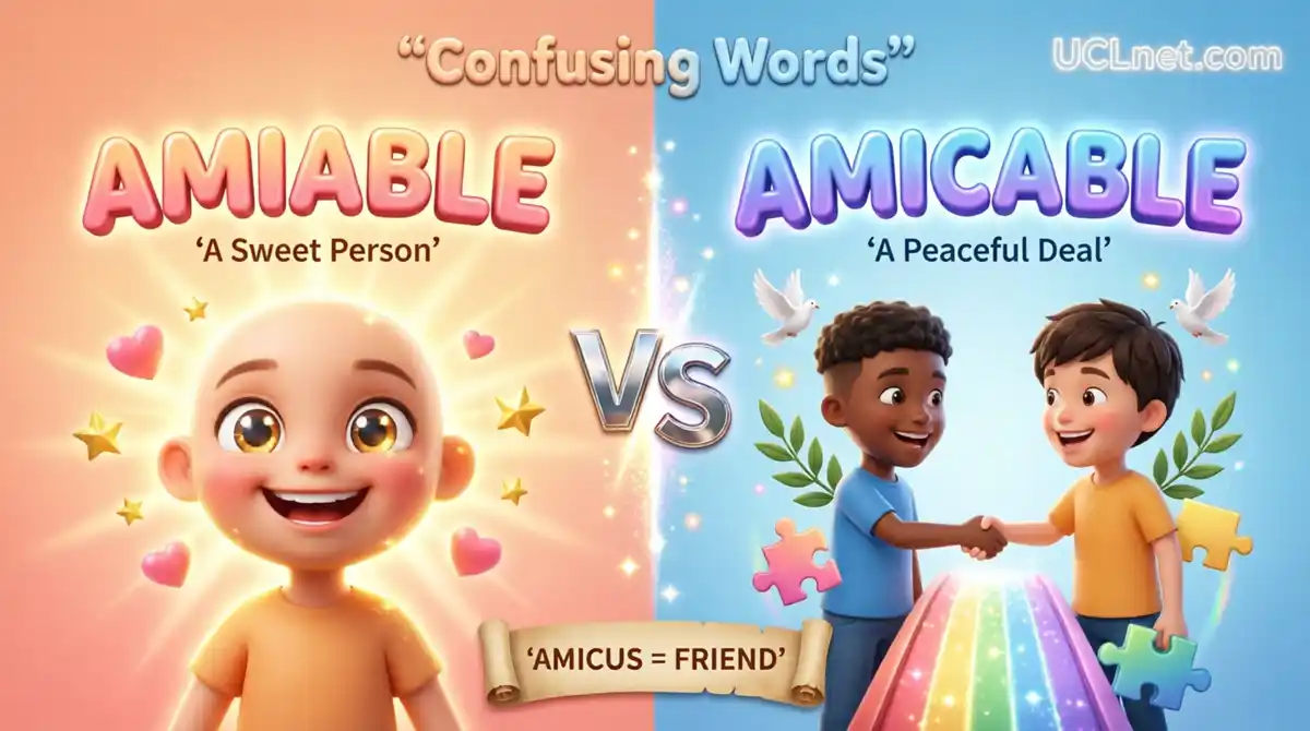 Amiable vs Amicable Confusing Words Infographic - UCLnet.com Amiable vs Amicable confusing words educational infographic for kids - UCLnet.com English vocabulary lesson