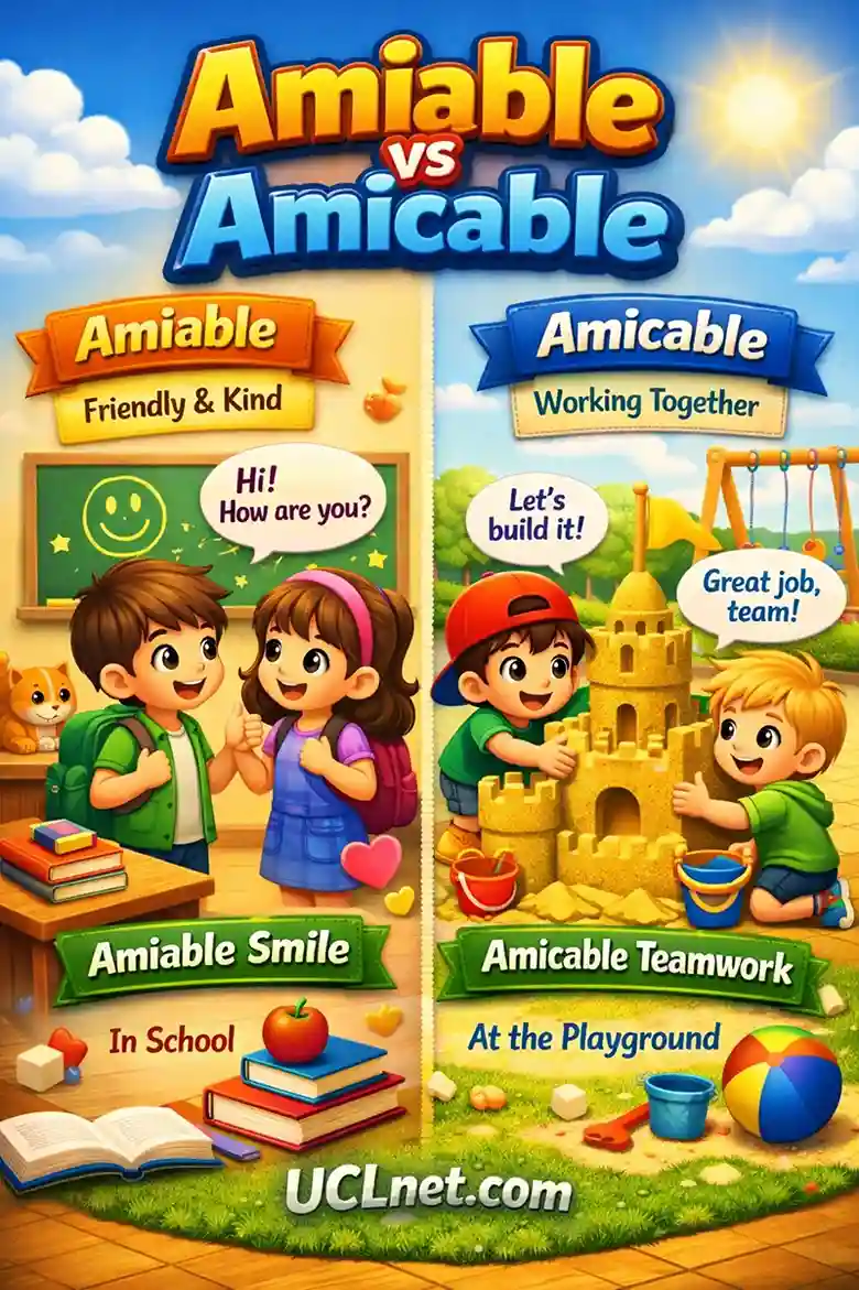 Amiable vs Amicable – Daily Situations 3D Educational Infographic for Kids | UCLnet.com 3D colorful mobile educational infographic for kids showing daily situations explaining “Amiable vs Amicable” with UCLnet.com branding – UCLnet.com