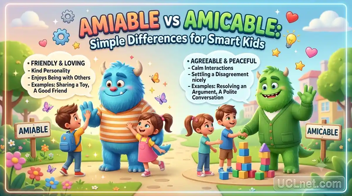 Amiable-vs-Amicable-kids-educational-infographic-uclnet Infographic guide for kids explaining Amiable vs Amicable differences by UCLnet.com