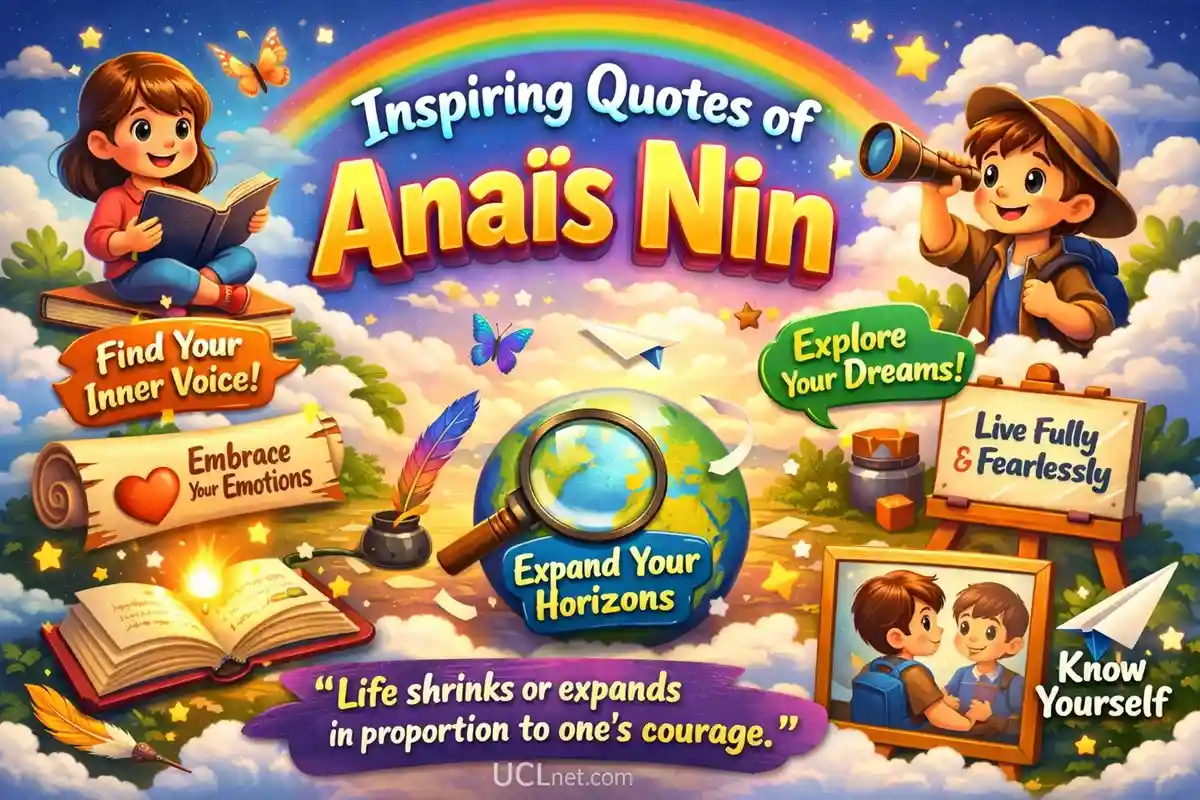 Anais Nin Quotes for Kids – 3D Educational Infographic – UCLnet.com 3D inspirational illustration showing Anaïs Nin quotes for kids in a colorful educational infographic scene, – UCLnet.com