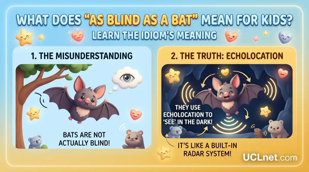 As Blind as a Bat Meaning for Kids - UCLnet.com Educational infographic explaining the idiom 'as blind as a bat' for kids - UCLnet.com