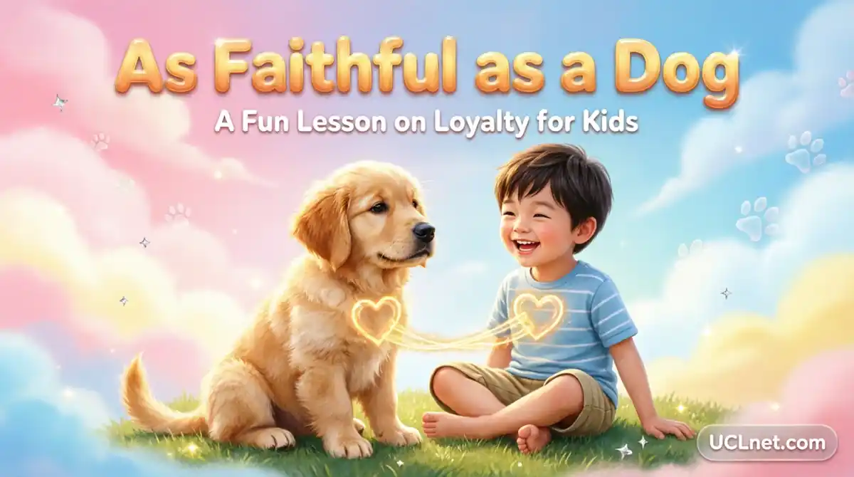 As faithful as a dog idiom for kids - educational infographic showing loyalty and friendship between a child and a loyal golden retriever puppy, English learning visual for children by UCLnet.com