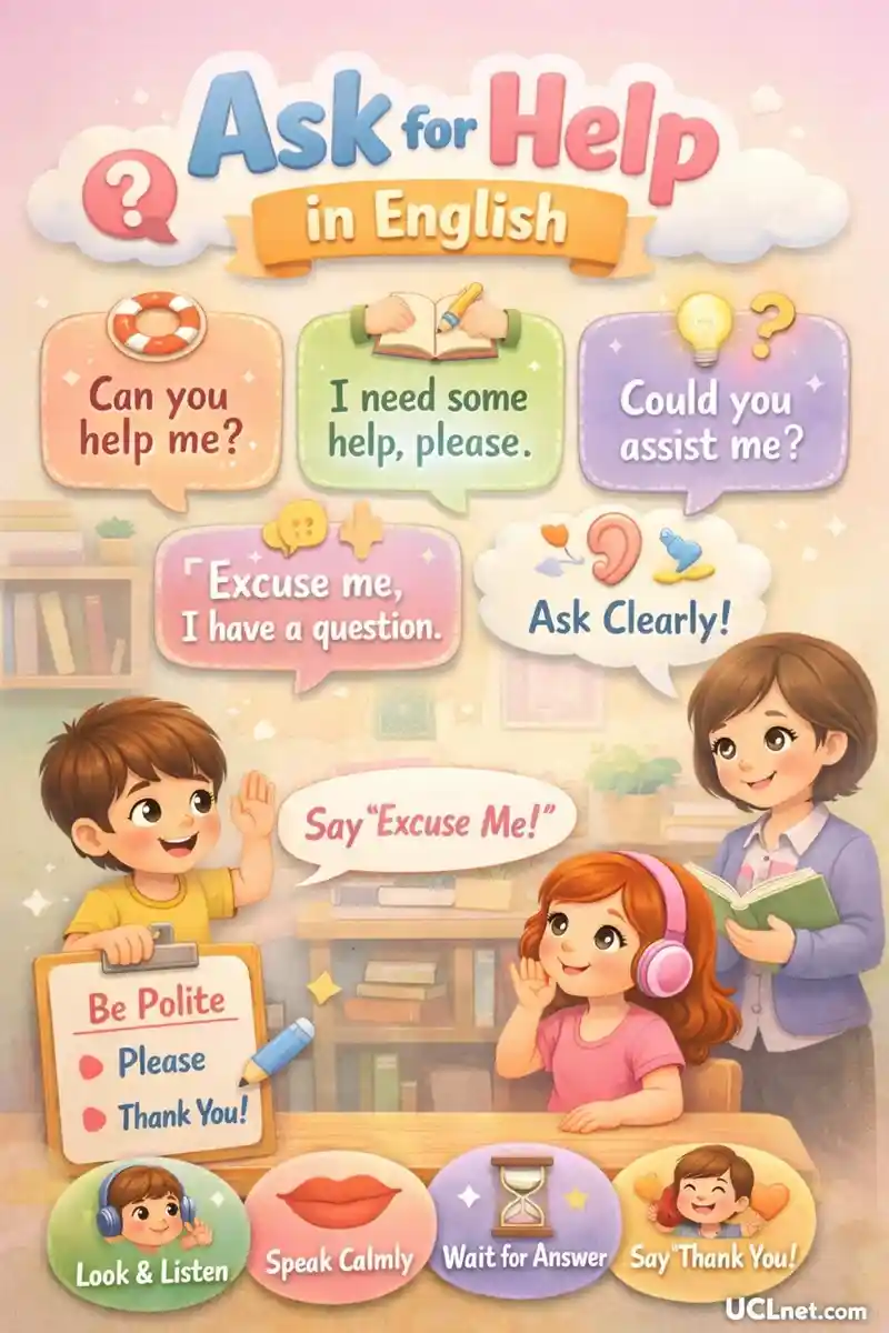 Ask for Help in English – Soft Color 3D Educational Infographic – UCLnet.com 3D soft‑color educational infographic showing how to ask for help in English for kids in a pastel classroom scene, featuring child‑friendly visuals – UCLnet.com