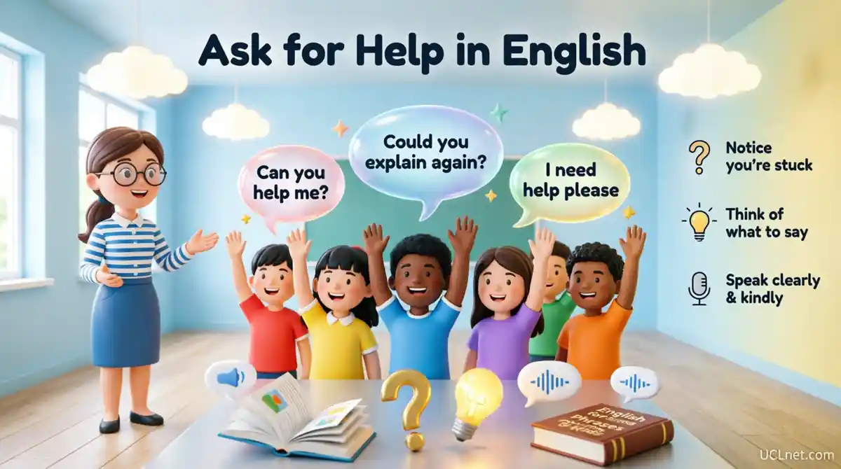 Ask for Help in English - Kids Learning Guide | UCLnet.com Children confidently raising hands in classroom learning to ask for help in English with speech bubbles showing helpful phrases - educational 3D infographic for kids - UCLnet.com