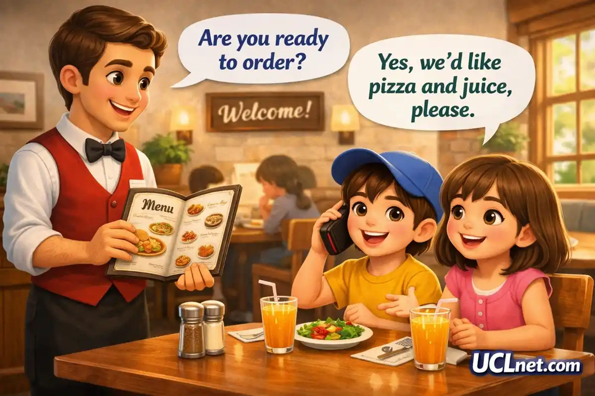 At Restaurant Conversation – 3D English Speaking Scene – UCLnet.com 3D restaurant scene showing two kids ordering food from a friendly waiter, with natural lighting - UCLnet.com
