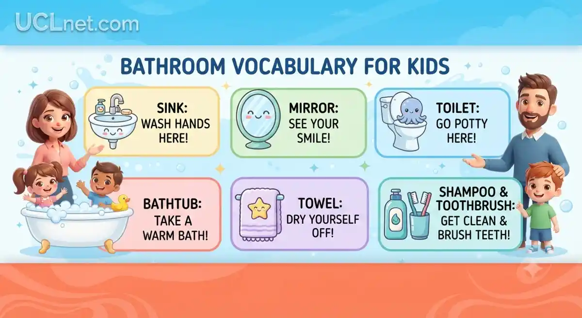 Bathroom Vocabulary for Kids - UCLnet.com Educational Infographic Infographic for bathroom vocabulary for kids with hygiene words on UCLnet.com.
