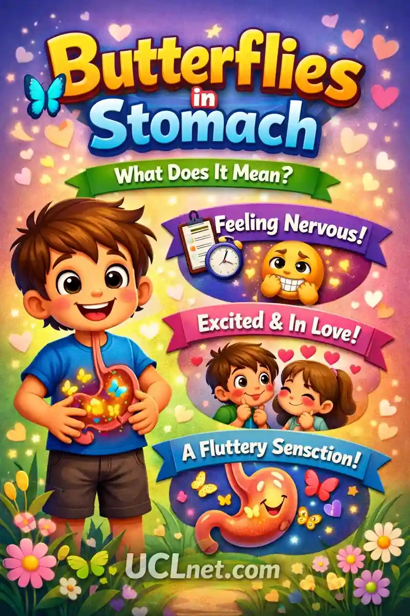 Butterflies in Stomach Meaning for Kids – UCLnet.com Colorful 3D kids-friendly infographic explaining the idiom “Butterflies in Stomach” with simple visuals and emotions – UCLnet.com