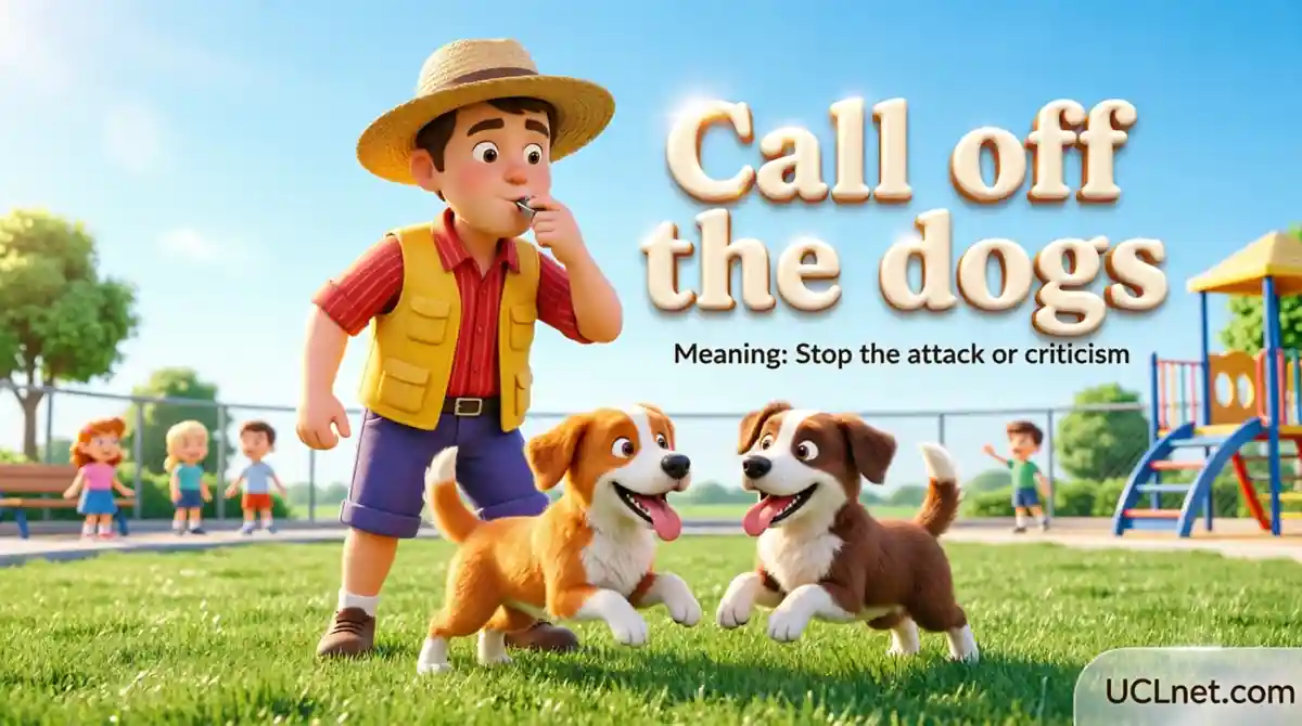 call-off-the-dogs-idiom-English-learning-infographic-for-kids Call off the dogs idiom - English idiom meaning stop the attack educational infographic for kids
