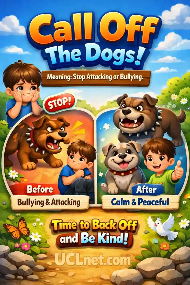 Call Off the Dogs Idiom for Kids – UCLnet.com Colorful 3D kids infographic explaining the idiom “Call Off the Dogs” with friendly dog characters and a calm-before-after scene – UCLnet.com