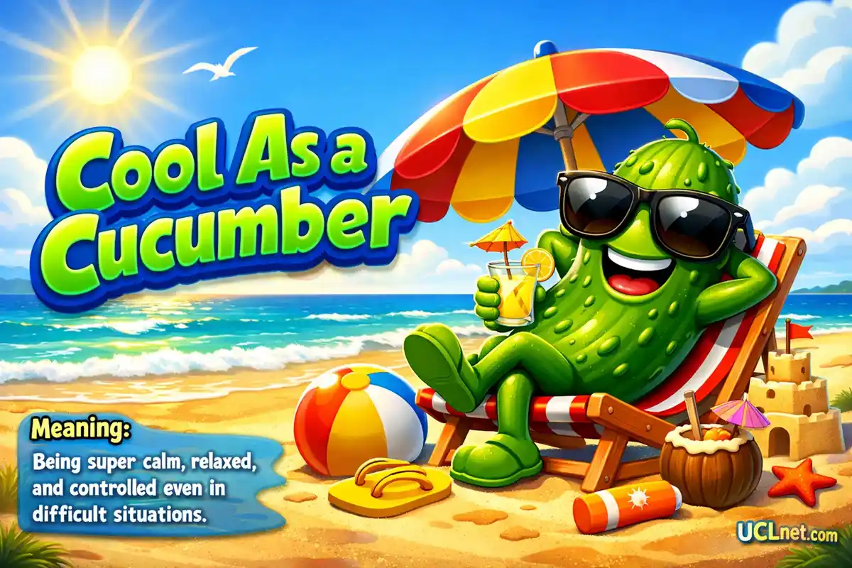 cool as a cucumber meaning for kids cartoon - UCLnet.com A funny green cartoon cucumber wearing big black sunglasses and chilling under a colorful beach umbrella - UCLnet.com
