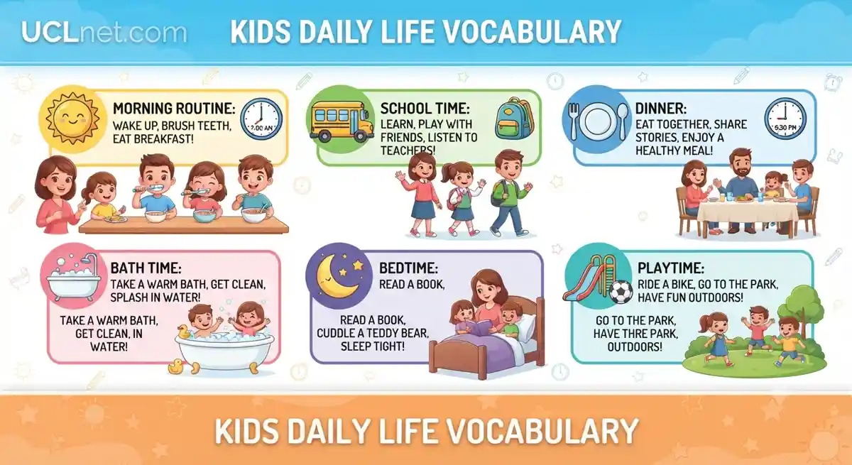 Kids Daily Life Vocabulary - UCLnet.com Educational Infographic Infographic for kids daily life vocabulary and daily routine words on UCLnet.com
