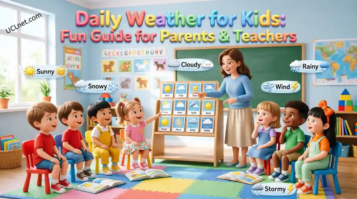 Daily Weather for Kids: Fun Guide for Parents & Teachers - UCLnet.com Kindergarten children learning English weather vocabulary (Sunny, Rainy, Cloudy, Snowy, Windy, Stormy) with their teacher in a classroom- UCLnet.com