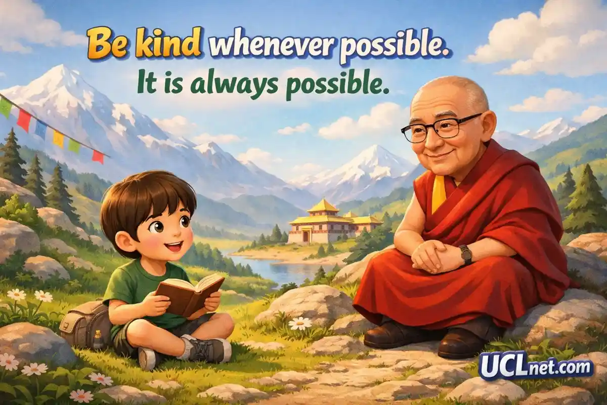 Dalai Lama Quotes for Kids – Inspirational 3D Illustration – UCLnet.com 3D inspirational illustration showing the Dalai Lama and a child reading a kindness quote in a peaceful mountain scene, - UCLnet.com